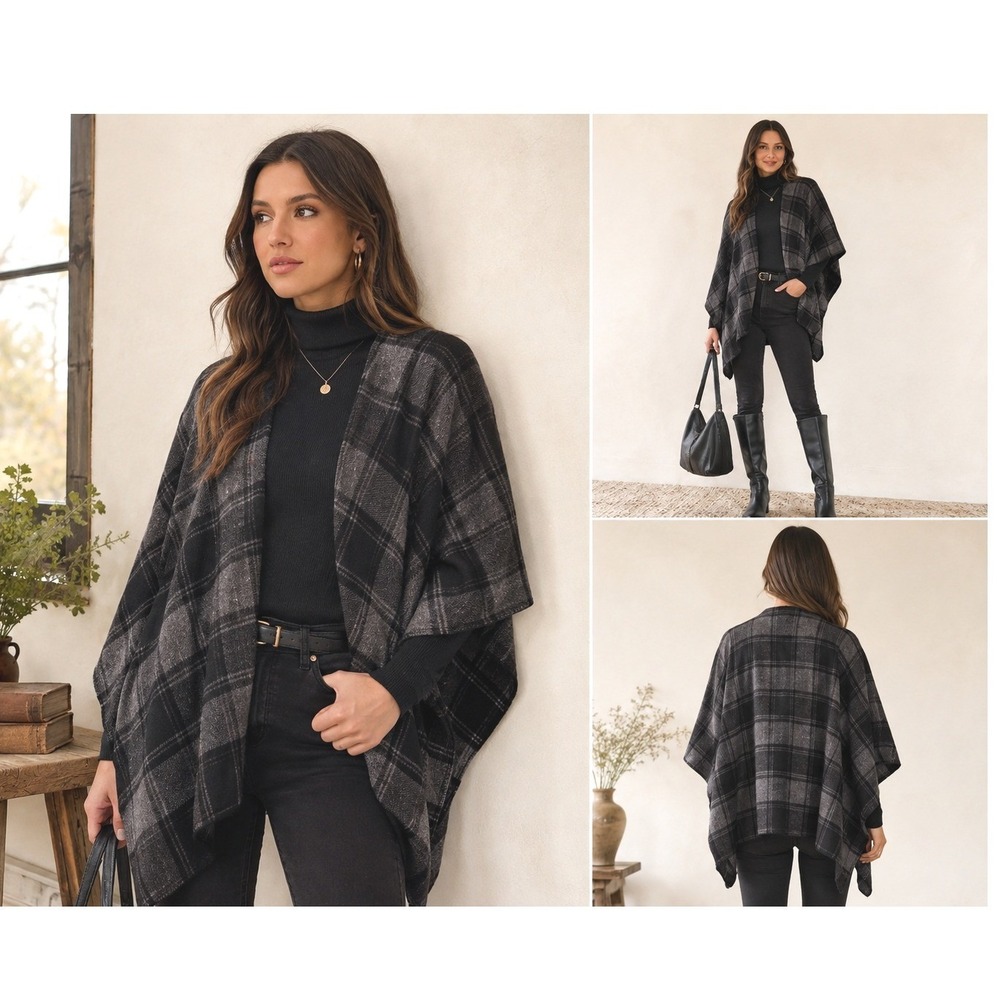 Women Plaid Tartan Wool Blend Poncho Wrap XS/S Blanket Cape Academia Equestrian